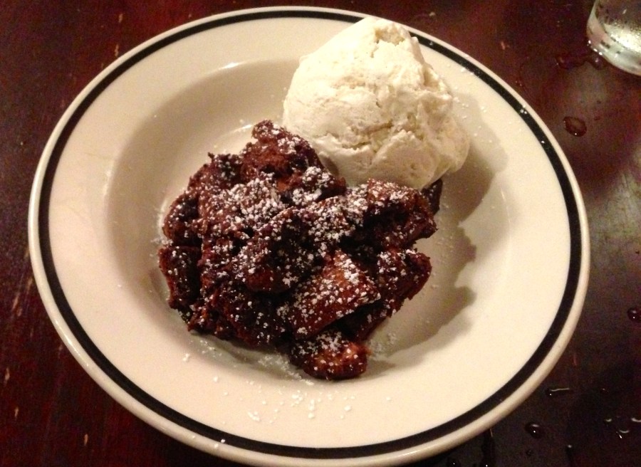 Chocolate bread pudding with vanilla ice cream.