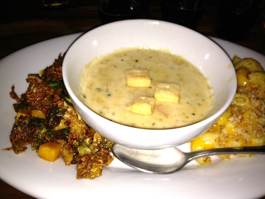 Brussels hash, clam chowder, and mac and cheese.