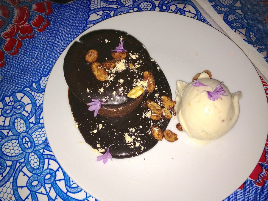 Chocolate cake with peanut butter gelato.