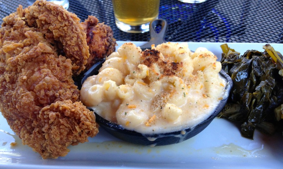 Fried chicken, mac and cheese, and greens. Southern comfort food.
