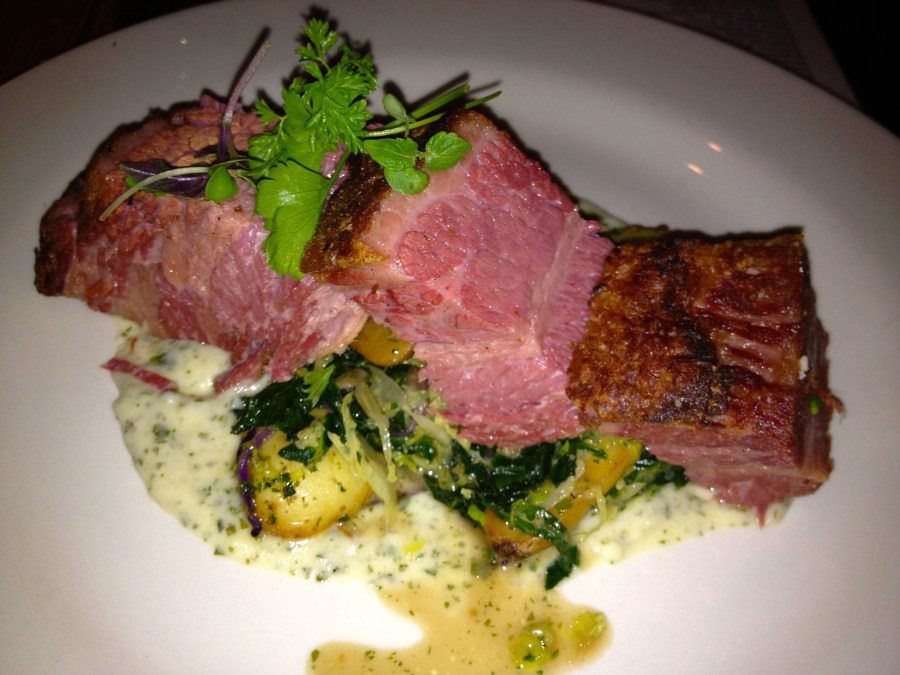 Thick-cut corned beef.